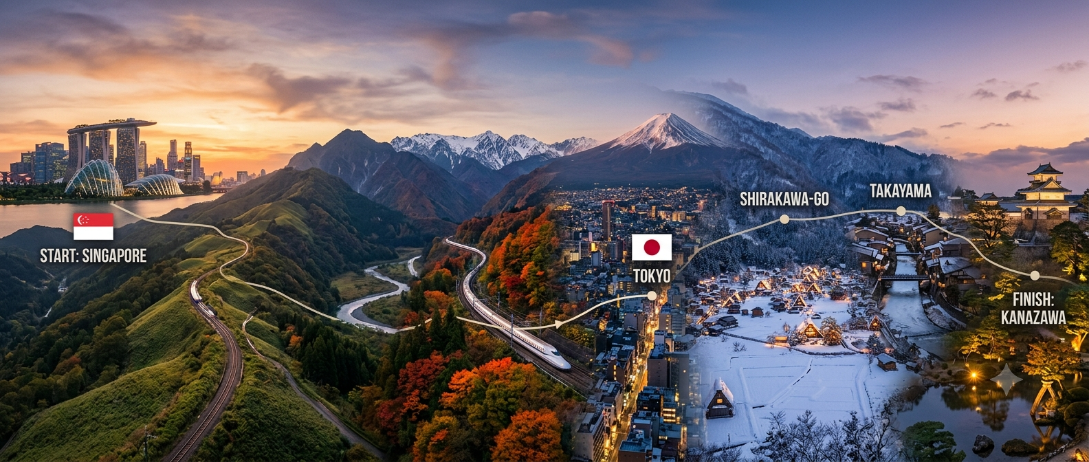 Journey route map from Singapore to Kanazawa through Tokyo, Takayama and Shirakawa-go with scenic landscapes