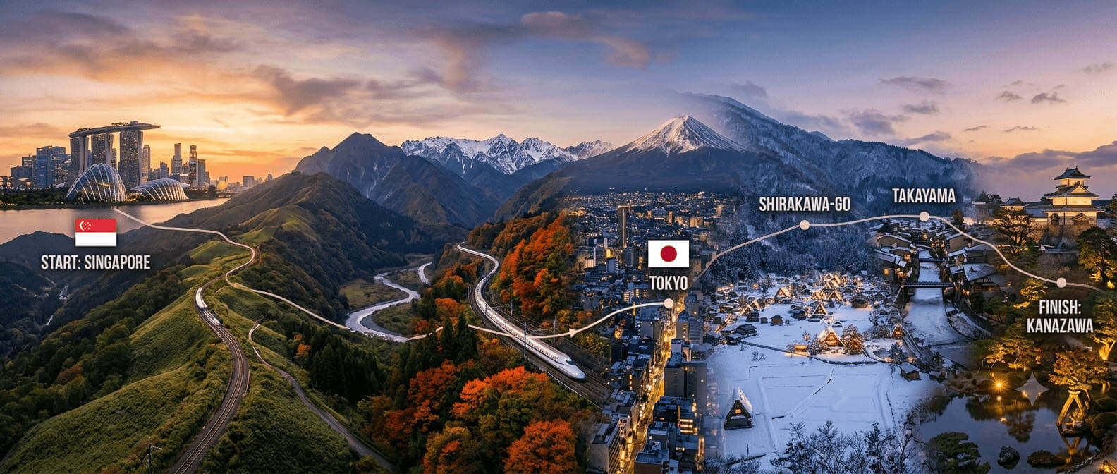 The full route from Singapore to Kanazawa across mountains and cities